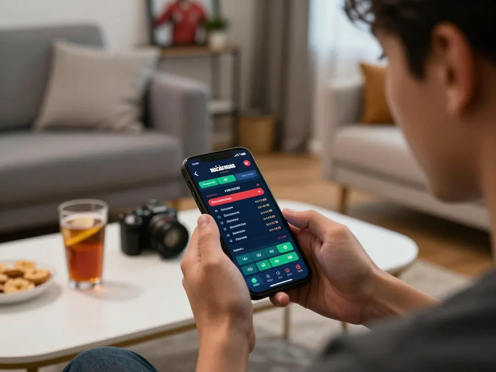 Engaged user placing a bet through the NHÀ CÁI VUA88 app in a cozy home atmosphere.