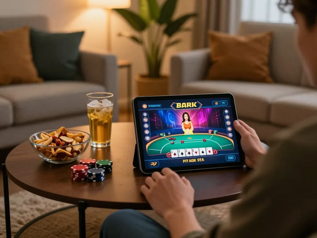 Player engaging in poker game on vn88a tablet, enjoying a cozy home atmosphere.