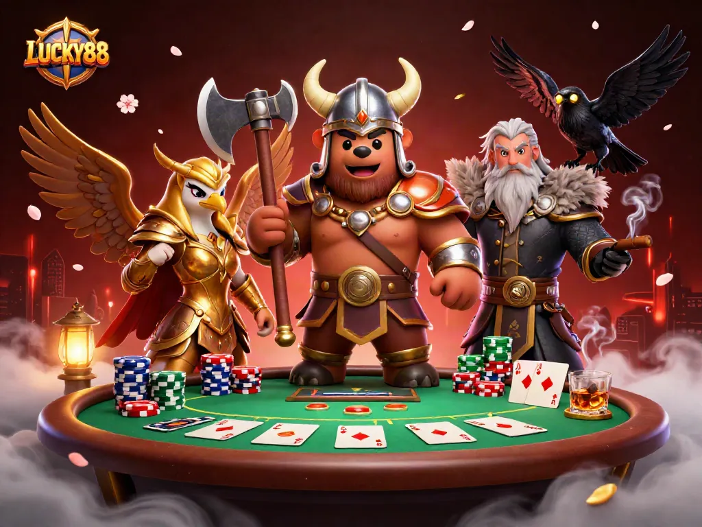 Engage with the LUCKY88 adventure featuring a Viking, Valkyrie, and poker elements in a dynamic casino scene.