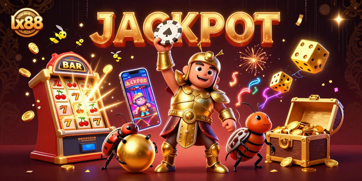Experience thrilling wins at lx88 with a victorious beetle championing poker chips amidst bursting jackpots!