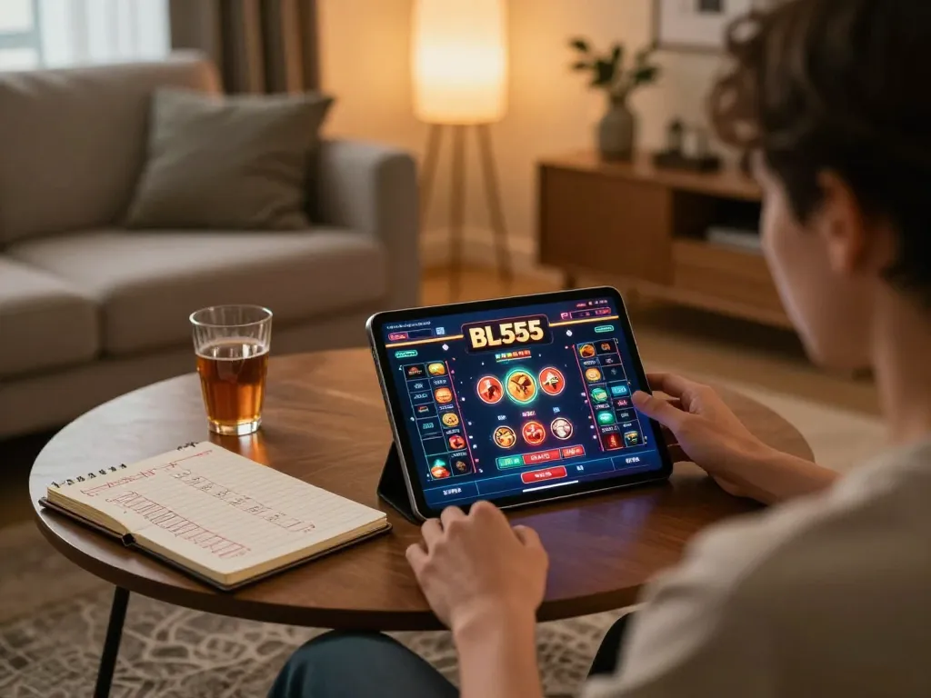 Engaging in online gambling at BL555 from a cozy setting with the tablet showcasing vibrant games.
