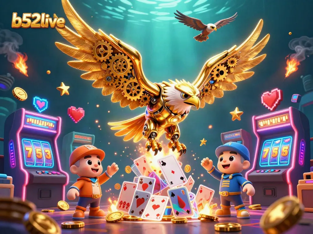 Experience thrilling gaming at b52live with a spectacular dive of a cybernetic golden eagle amidst vibrant casino elements.