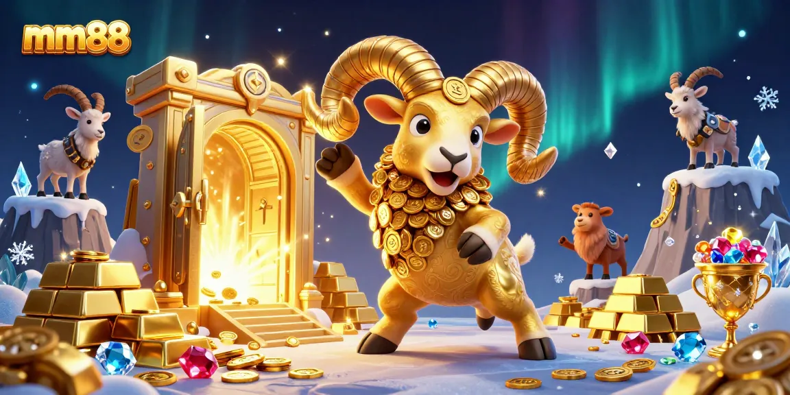 Experience thrilling action with mm88 in this vibrant 3D casino illustration featuring a charging golden ram.