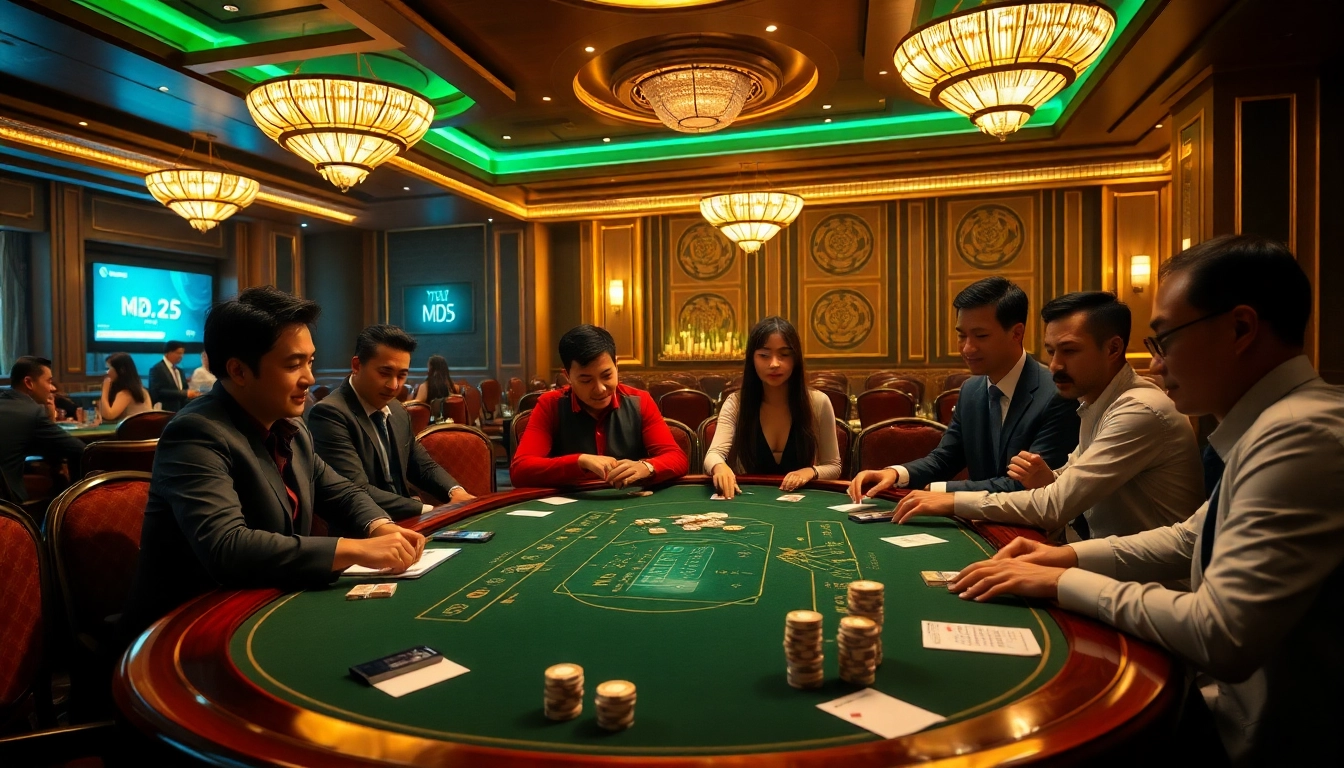 Experience the excitement of Tài Xỉu MD5 with players focused on their bets at a luxurious casino table.