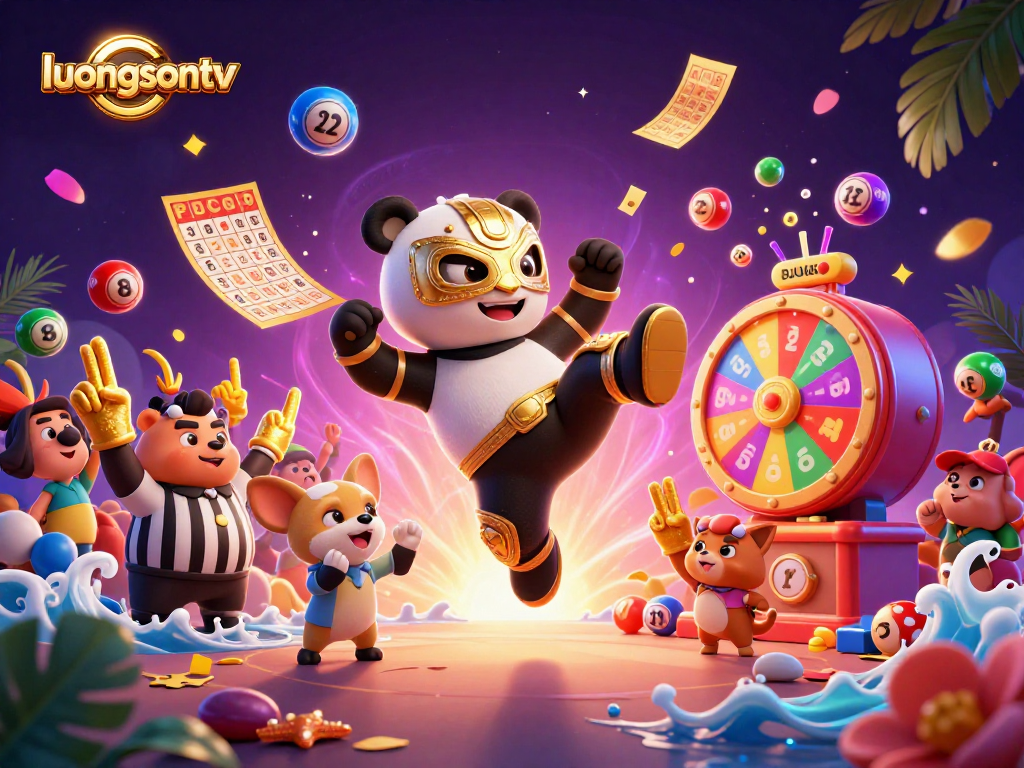 Experience the excitement of luongsontv's vibrant gaming space, featuring a dynamic panda wrestler and festive lottery elements.