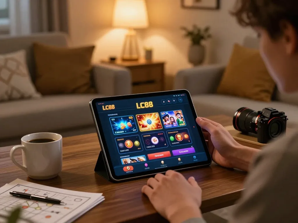 Engaged user exploring trang chủ lc88 on a tablet in a cozy home setting, showcasing online gaming responsibility.