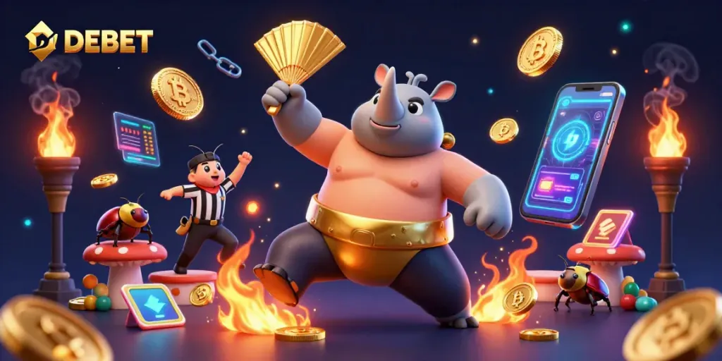 Engage in thrilling gameplay at DEBET with cartoon beetles showcasing exhilarating slots action.