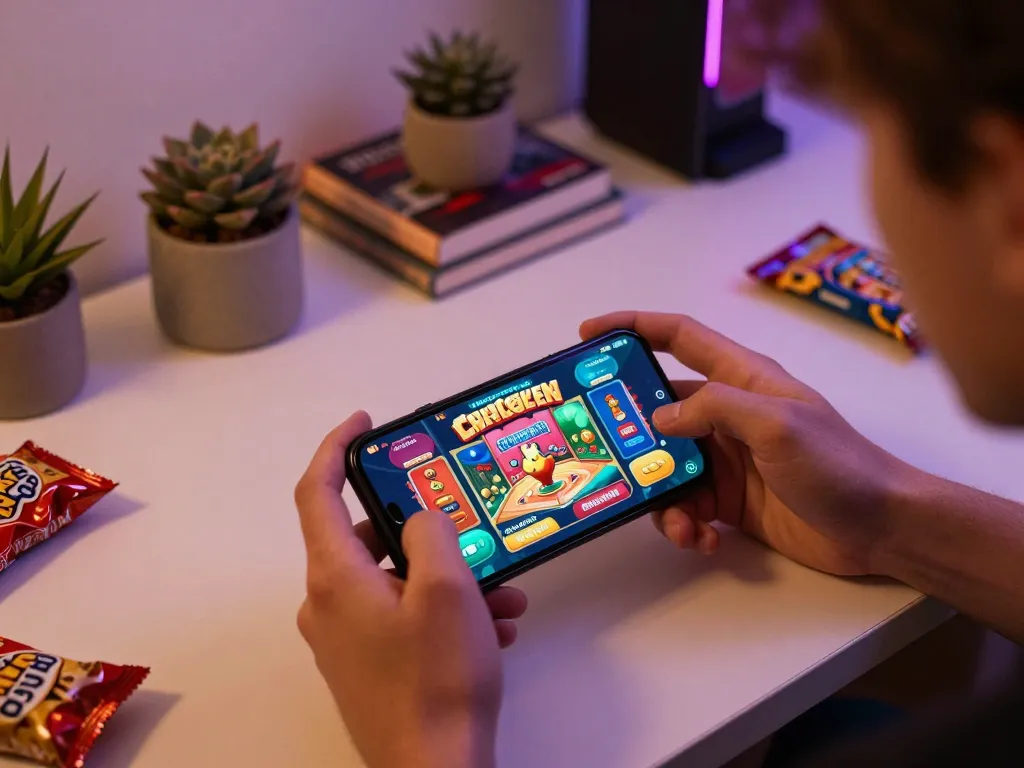 Giocatore che esplora l'app Chicken Road recensioni su smartphone in un accogliente setup di gioco domestico, mostrando il gioco d'azzardo mobile.