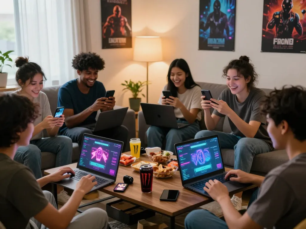 A group of friends enjoying mind control porn games together in a cozy living room, showcasing multiple devices and a fun atmosphere.