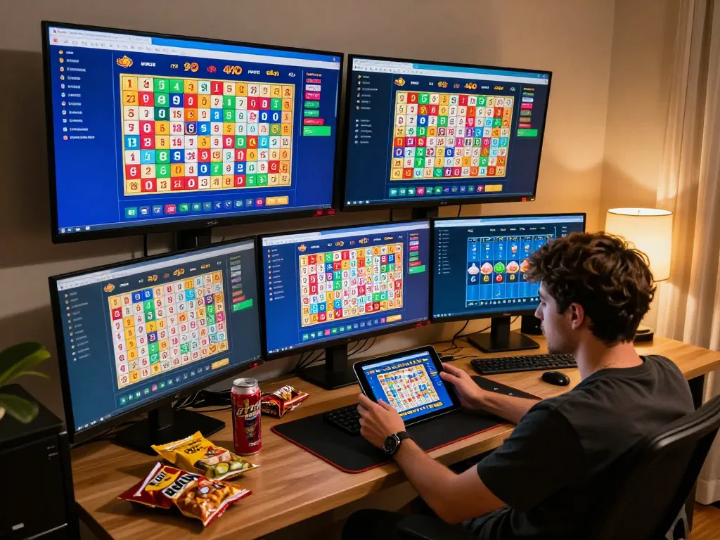 Engaged player enjoying the 9 Lotto 4D game on a tablet in a cozy home setting.